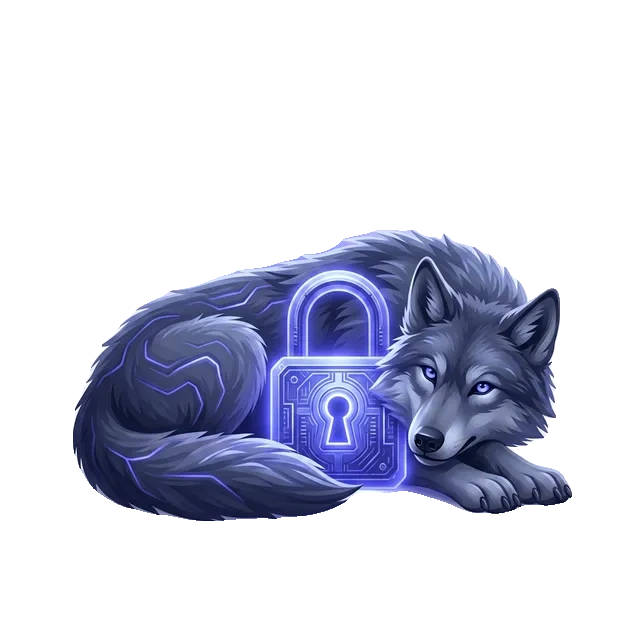 Fenrir curled protectively around a padlock